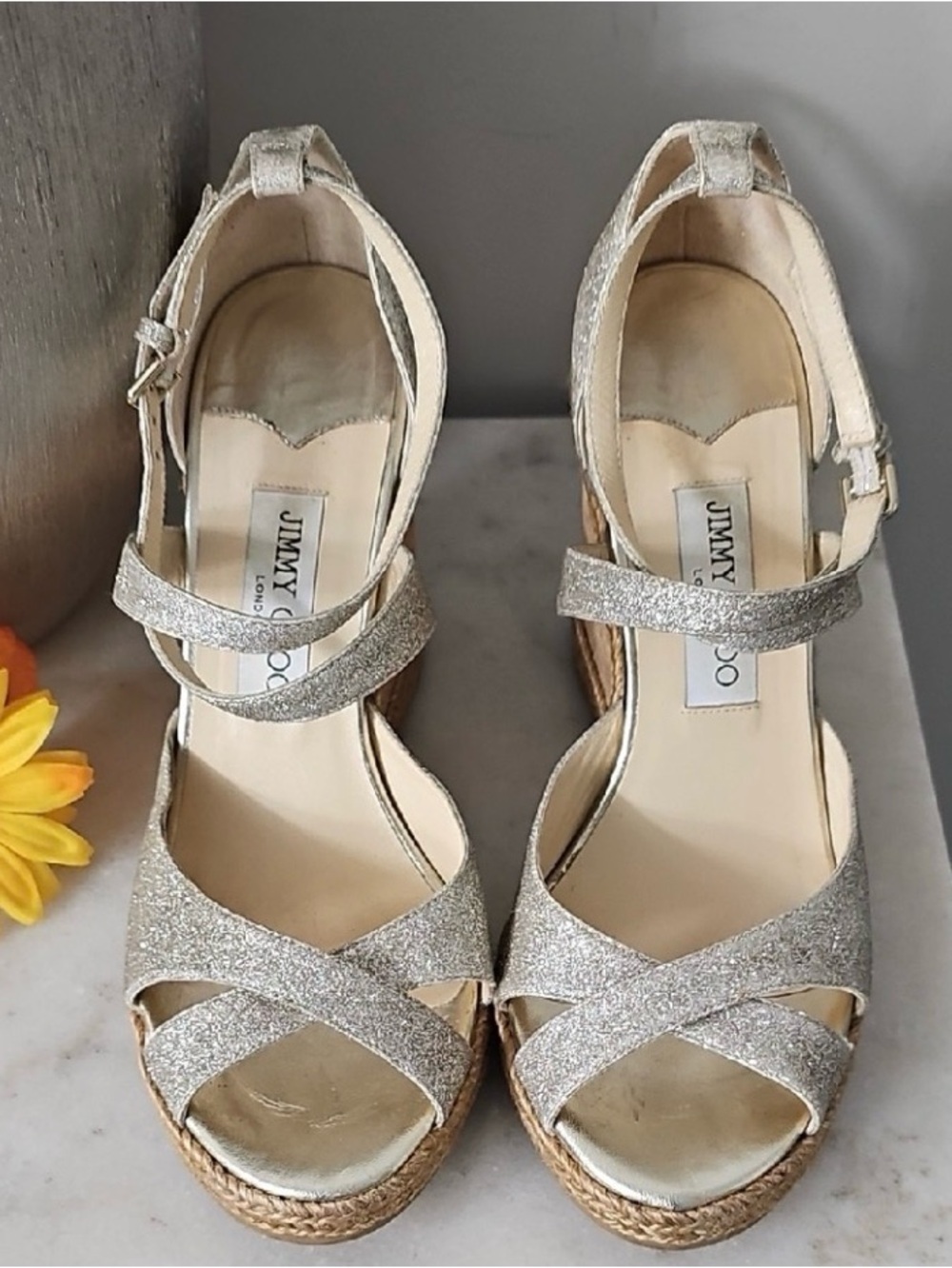 Jimmy Choo Alanah 105 Glittered Canvas Wedge Sandals in Platinum Ice